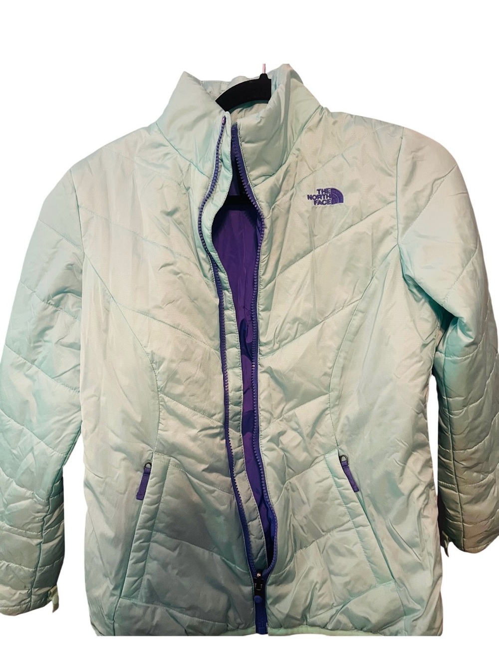 The North Face Women's Mint Green Quilted Jacket with Purple Trim